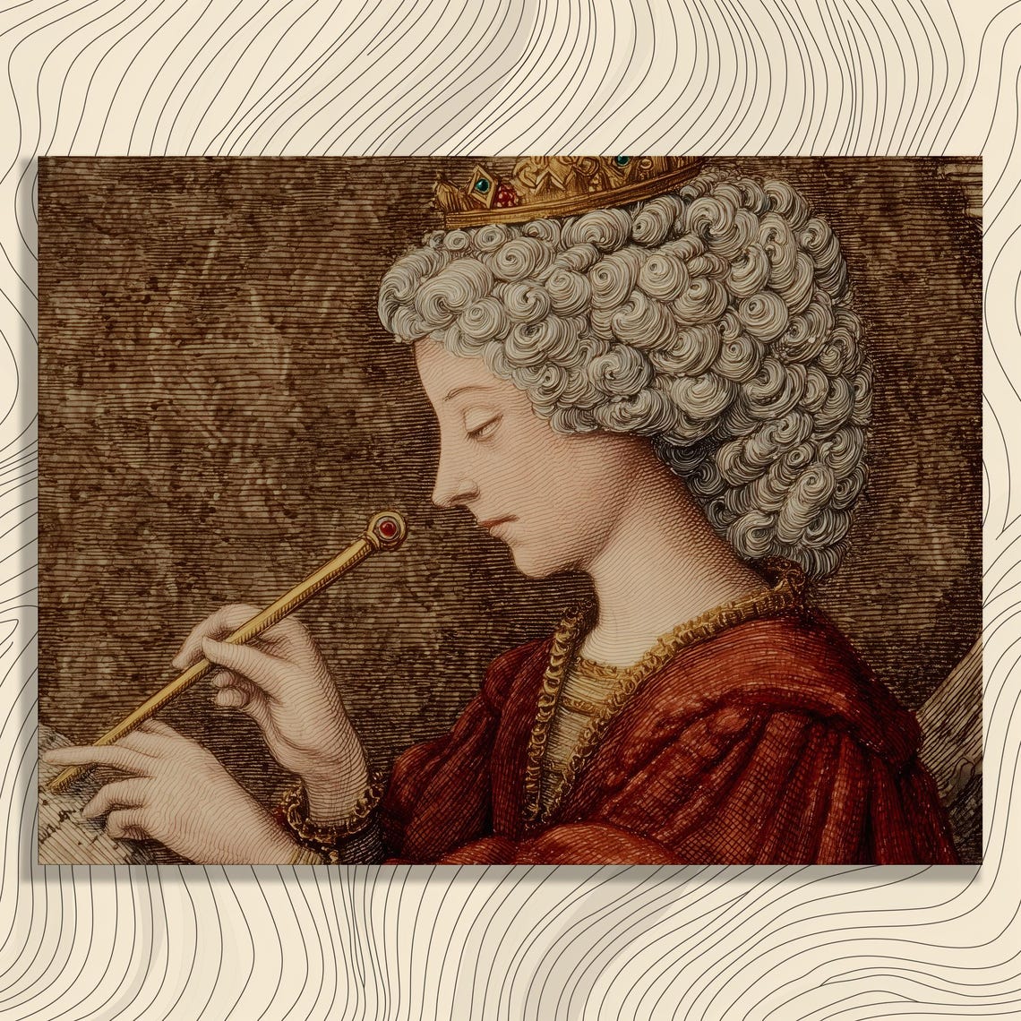 Crowned Royal Woman Vintage Engraving Portrait Red Robe Wall Art