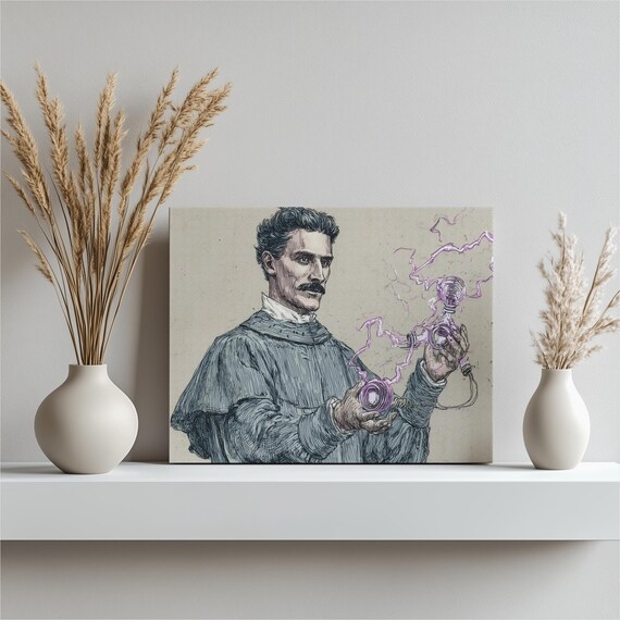 Nikola Tesla Vintage Portrait Electrical Coils Purple Lightning Poster