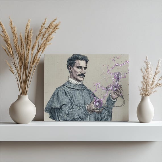 Vintage Scientist Electricity Canvas Wall Art Victorian Steampunk Illustration Purple Lightning Energy Invention Portrait Print