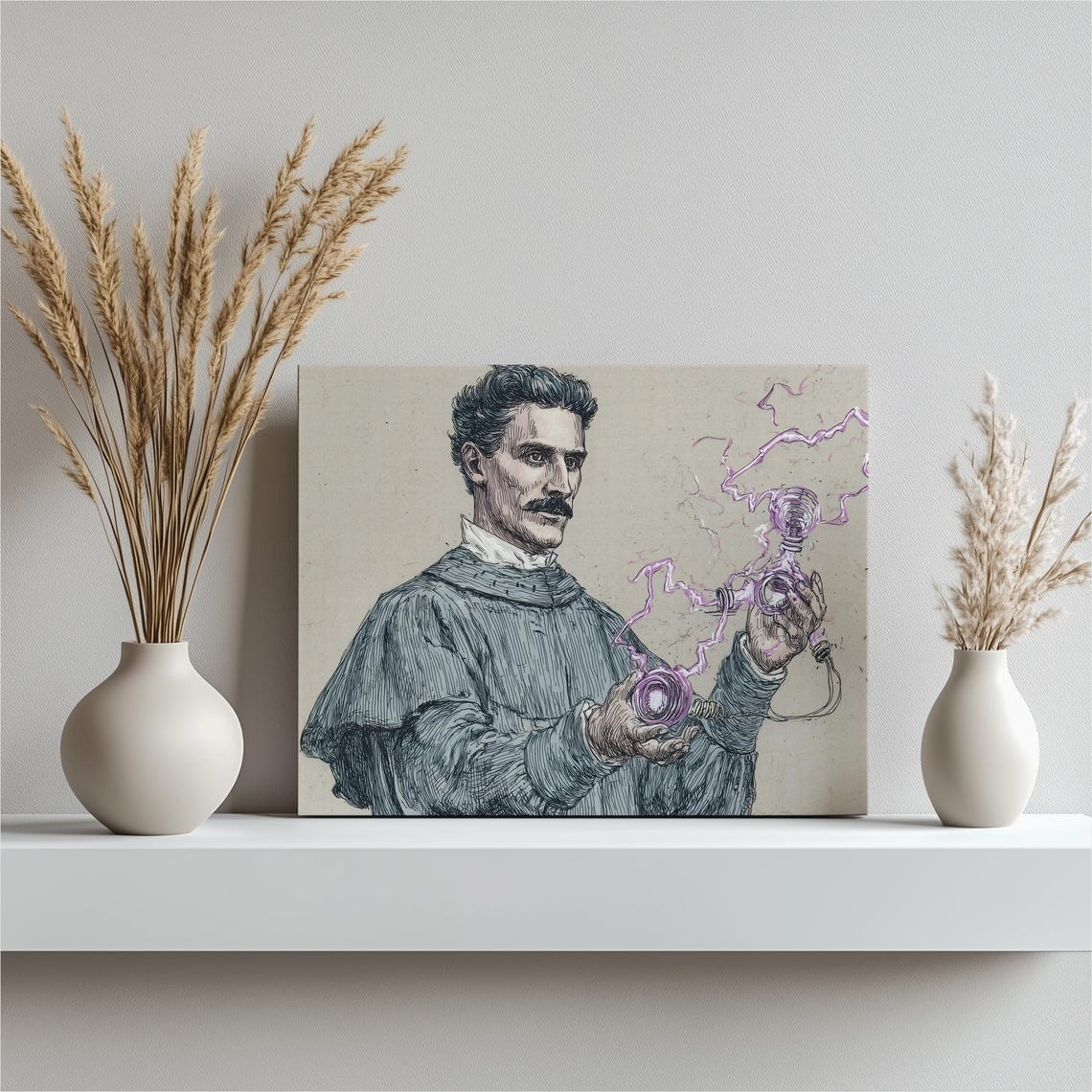 Nikola Tesla Vintage Portrait Electrical Coils Purple Lightning Poster