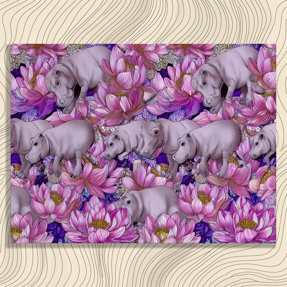 Playful Hippo Canvas Wall Art Pink Floral Print Cute Animal Baby Gift Tropical Flower Decor Pattern Adorable