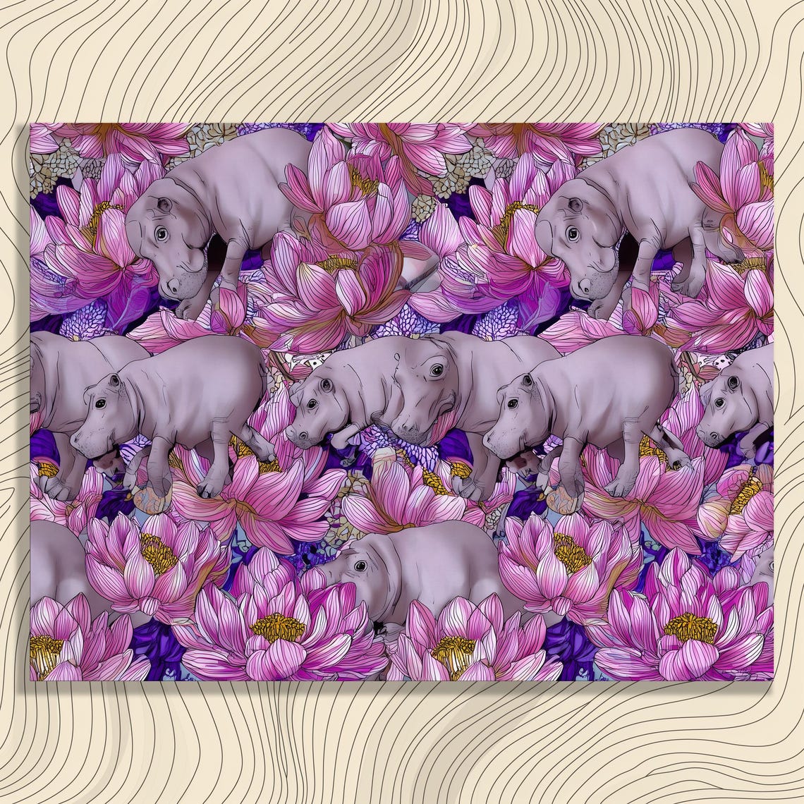 Baby Hippos Among Pink Lotus Flowers Playful Floral Pattern Poster