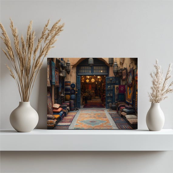Cairo Rug Market Canvas Wall Art Vibrant Middle Eastern Bazaar Scene With Colorful Kilim Rugs And Lanterns