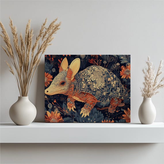 Vibrant Armadillo Floral Canvas Wall Art Colorful Botanical Wildlife Print For Living Room Bedroom Nursery Boho Eclectic Decor Gift