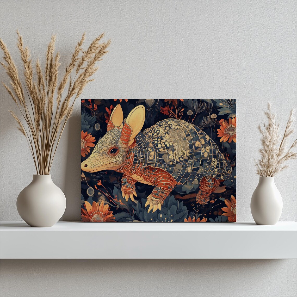 Ornate Armadillo Flower Garden Illustration Wildlife Art Print