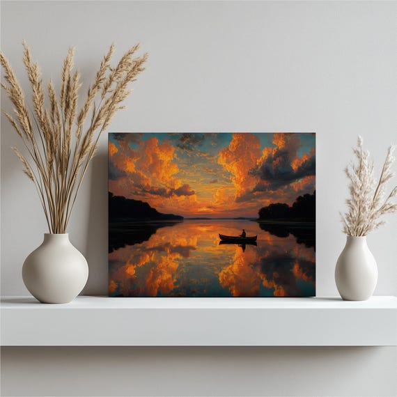 Sunset Lake Canoe Canvas Wall Art Serene Nature Landscape Print With Calm Waters Reflection Vivid Orange Clouds Lakeside Decor