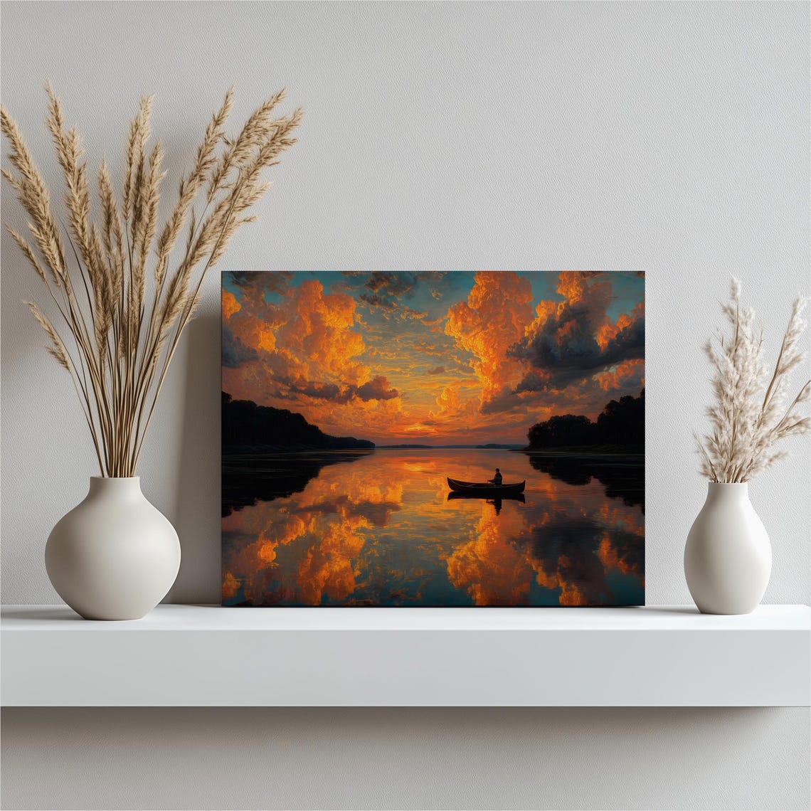 Sunset Lake Canoe Canvas Wall Art Serene Nature Landscape Print With Calm Waters Reflection Vivid Orange Clouds Lakeside Decor