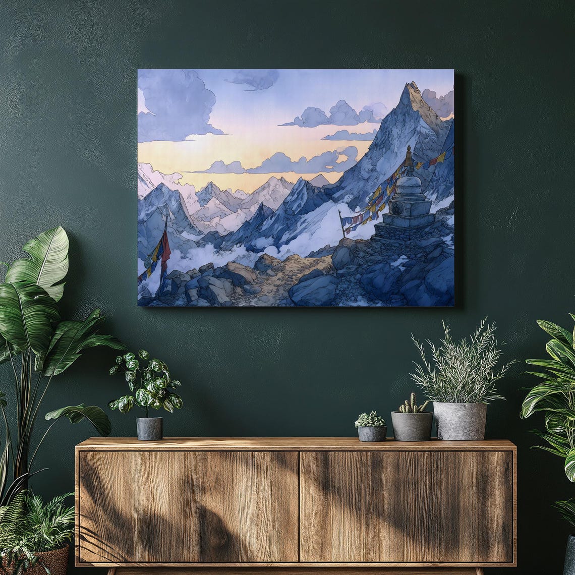 Himalayan Mountain Sunrise Prayer Flags Stupa Canvas Art Poster