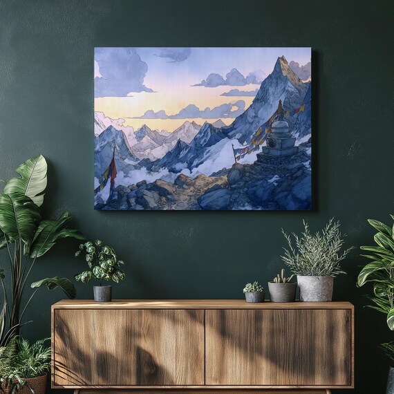 Himalayan Prayer Flags Canvas Wall Art Serene Mountain Sunrise Landscape Print Tibetan Stupa Decor Adventure Travel Wanderlust Home