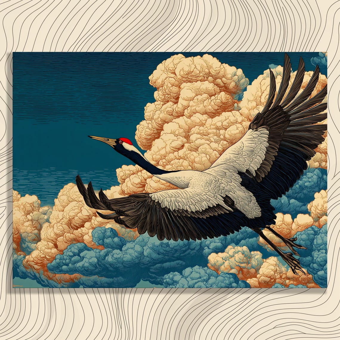 Soaring Red Crowned Crane Golden Clouds Japanese Woodblock Art Print