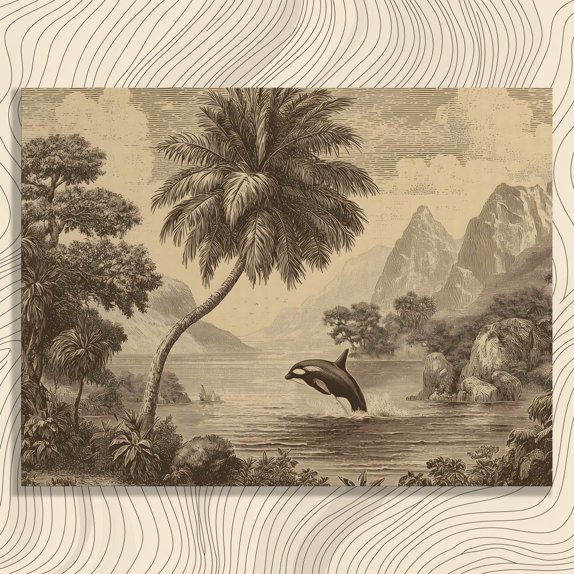 Vintage Orca Whale Leaping Tropical Coast Engraving Style Poster