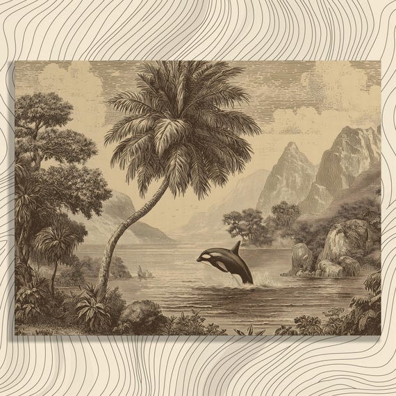 Vintage Orca Palm Canvas Wall Art Tropical Coastal Decor Sepia Engraving Killer Whale Illustration Tree Print Mountain Landscape