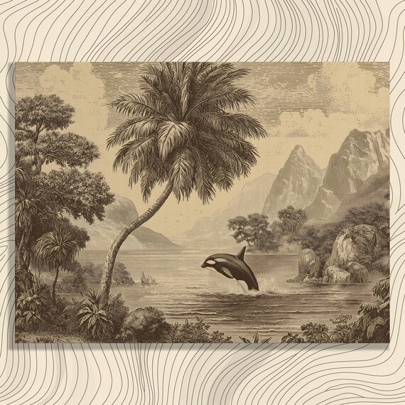 Vintage Orca Whale Leaping Tropical Coast Engraving Style Poster
