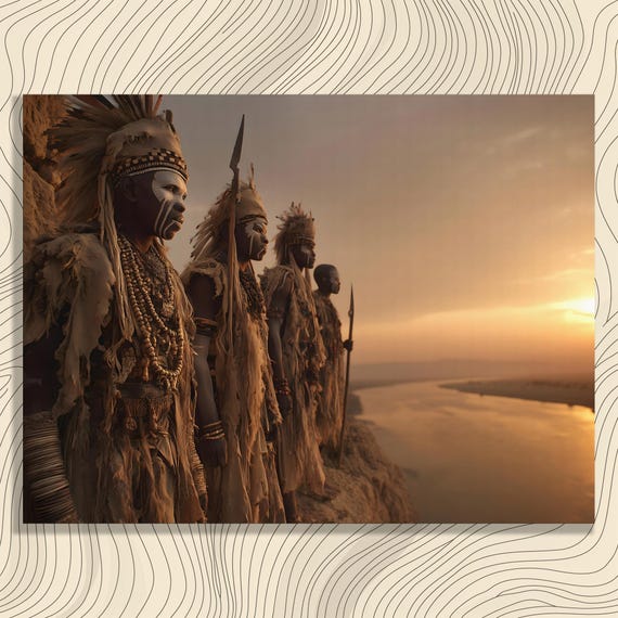 African Tribal Warriors Canvas Wall Art Sunset River Cliff Silhouette Decor Print Ethnic Poster