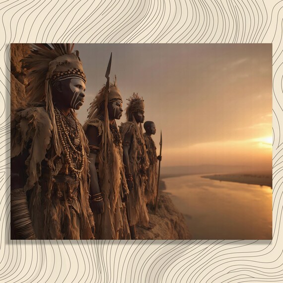 African Tribesmen Ceremonial Sunset River Cinematic Photography Print