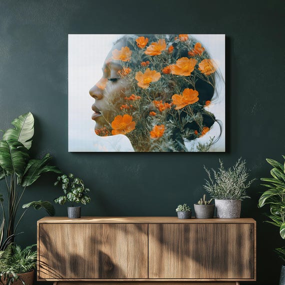 Floral Portrait Canvas Wall Art Serene Woman Profile With Orange Poppies Botanical Nature Decor Calming Feminine Gift Print For Home