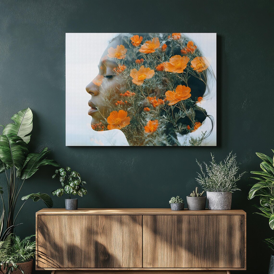 Floral Double Exposure Woman Profile Orange Blossom Wall Art