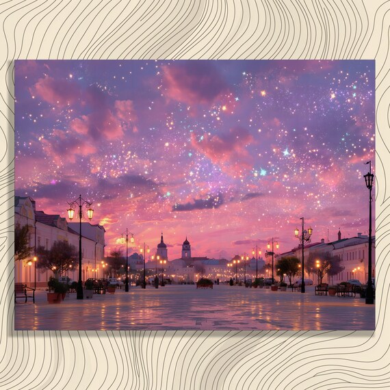 Dreamy Urban Cityscape Canvas Wall Art Pastel Skyline With Ornate Street Lamps Star Filled Twilight Sky Historic Facades Sunset Glow