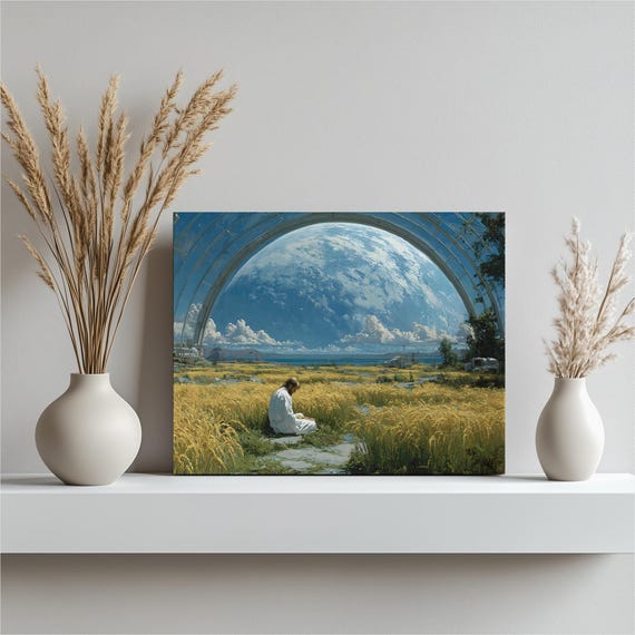 Lunar Greenhouse Earth Dome Golden Wheat Moon Sci Fi Landscape Poster