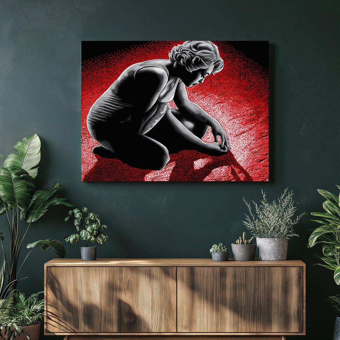 Red Black Halftone Noir Woman Crouching Dramatic Pop Art Poster