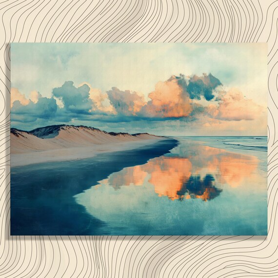 Tranquil Beach Sunset Coastal Wall Art Ocean Reflection Dunes Pastel Sky