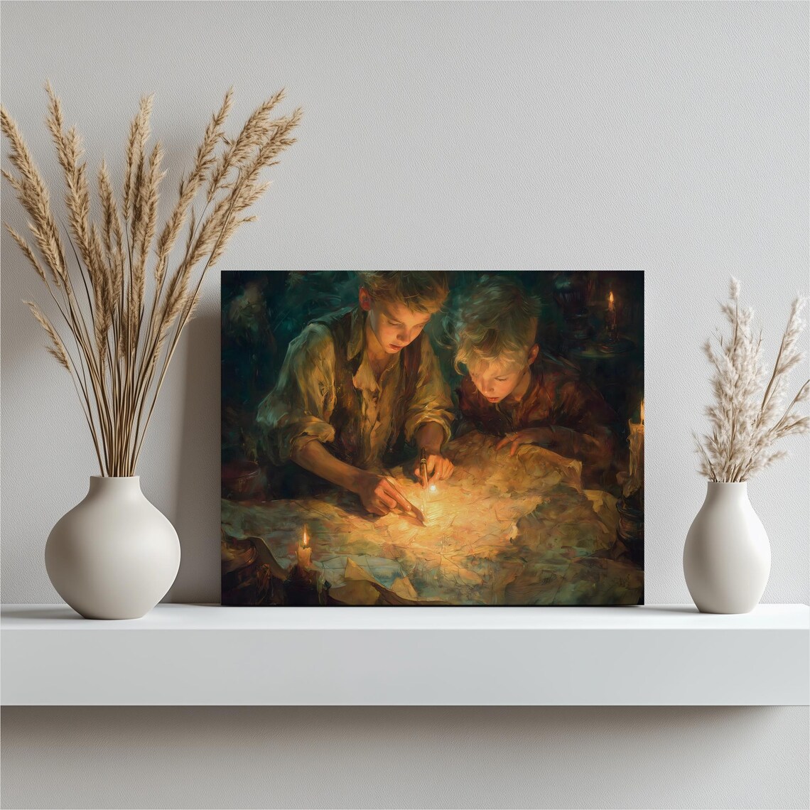 Boys Treasure Map Candlelight Night Adventure Painting Poster