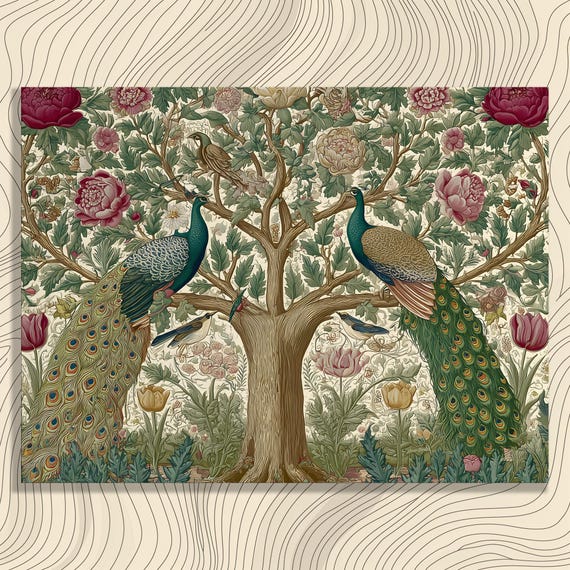Peacock Botanical Canvas Wall Art Vintage Floral Tree Of Life Print Nouveau Style Painting Nature Decor Gift