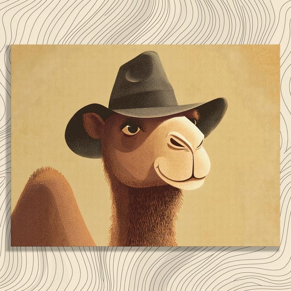 Cowboy Camel Canvas Wall Art Modern Western Decor Desert Print Portrait Hat Illustration Neutral Tones Wildlife Gift