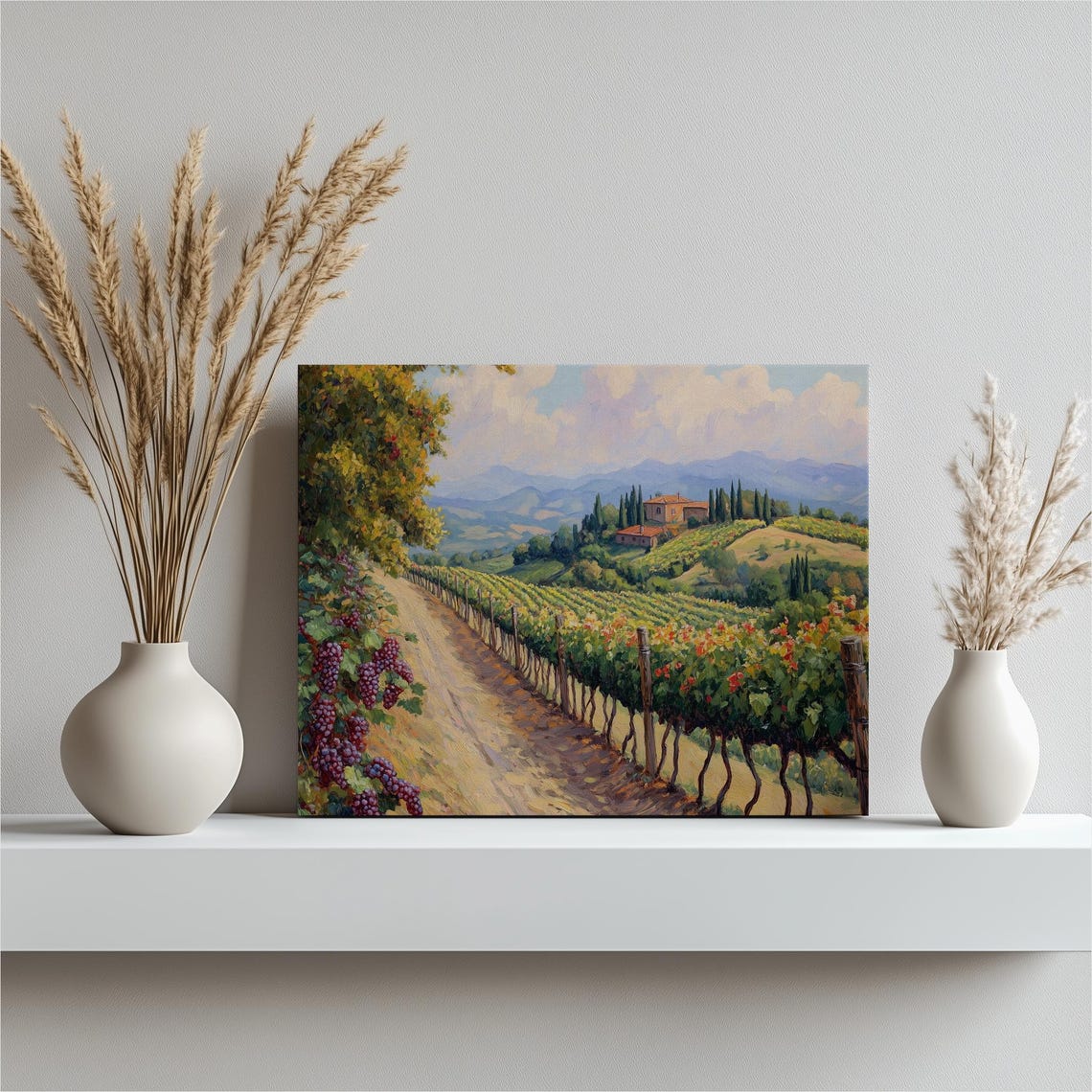 Tuscan Vineyard Rows Cypress Trees Golden Villa Landscape Print