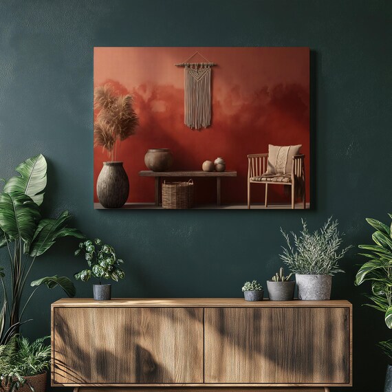 Boho Macrame Pampas Canvas Wall Art Neutral Bohemian Decor Print Grass Textured Painting Terracotta Housewarming Gift