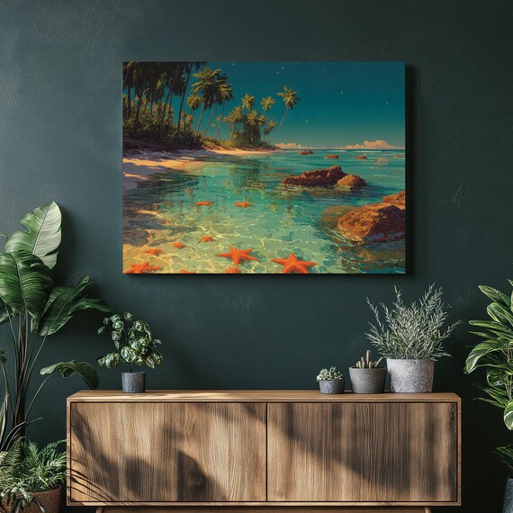 Tropical Beach Canvas Wall Art Ocean Landscape With Palm Trees And Starfish Seascape Island Decor Print