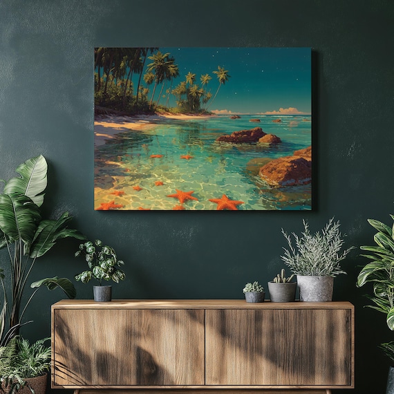 Tropical Beach Starfish Turquoise Water Coastal Palm Tree Poster