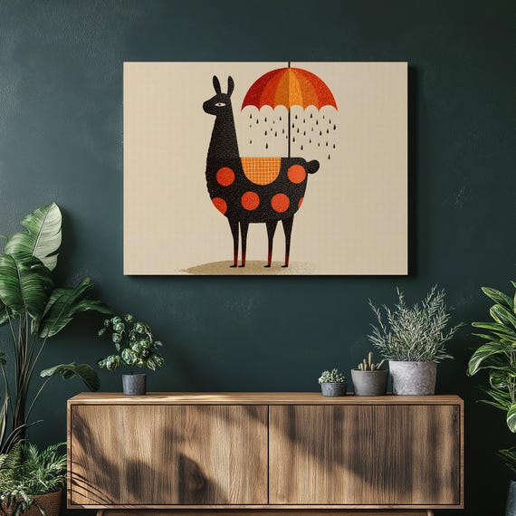 Modern Llama Umbrella Canvas Wall Art Minimalist Alpaca Illustration Polka Dots Rain Colorful Animal Decor Painting Gift Print