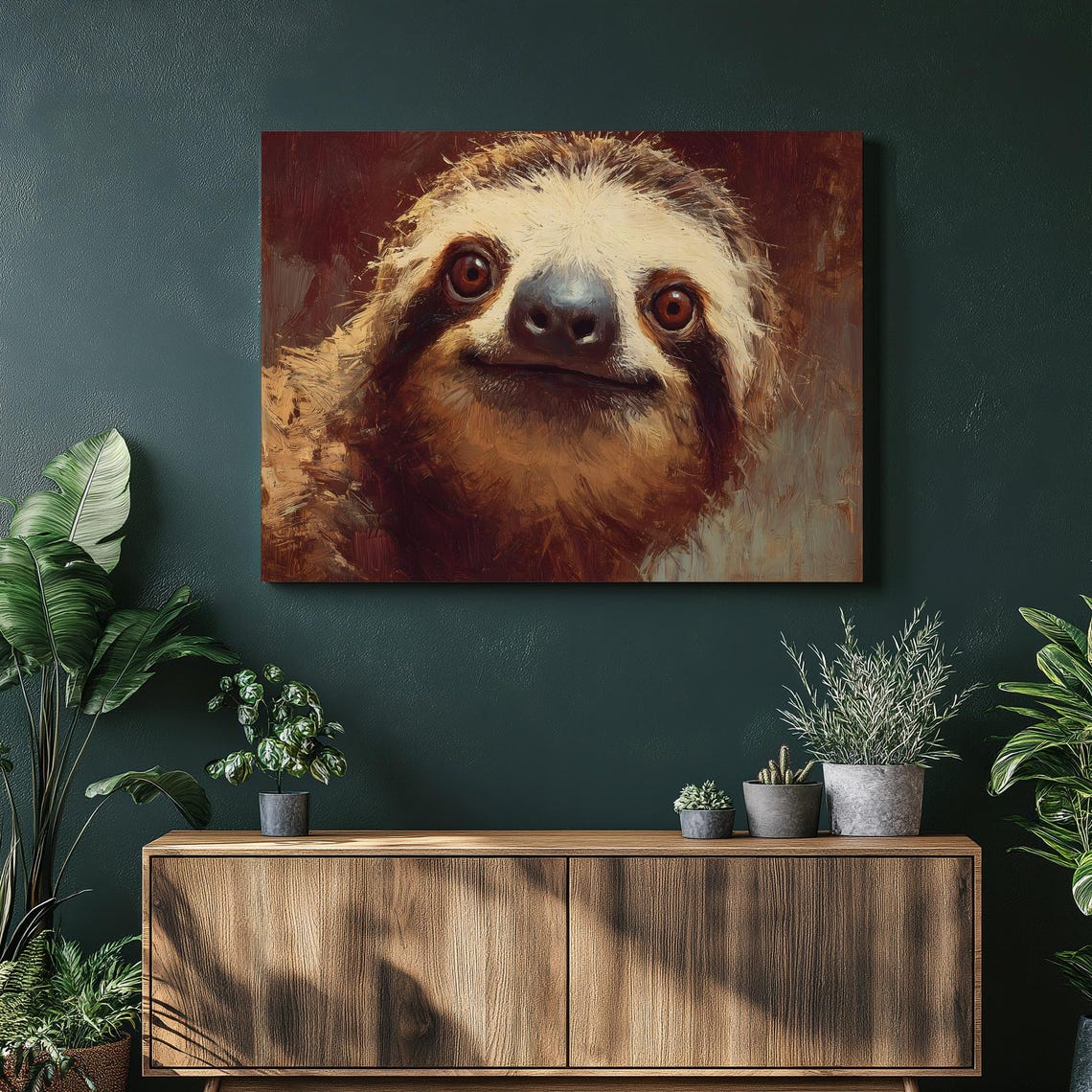 Sloth Portrait Painting Cute Animal Face Warm Tones Bold Poster