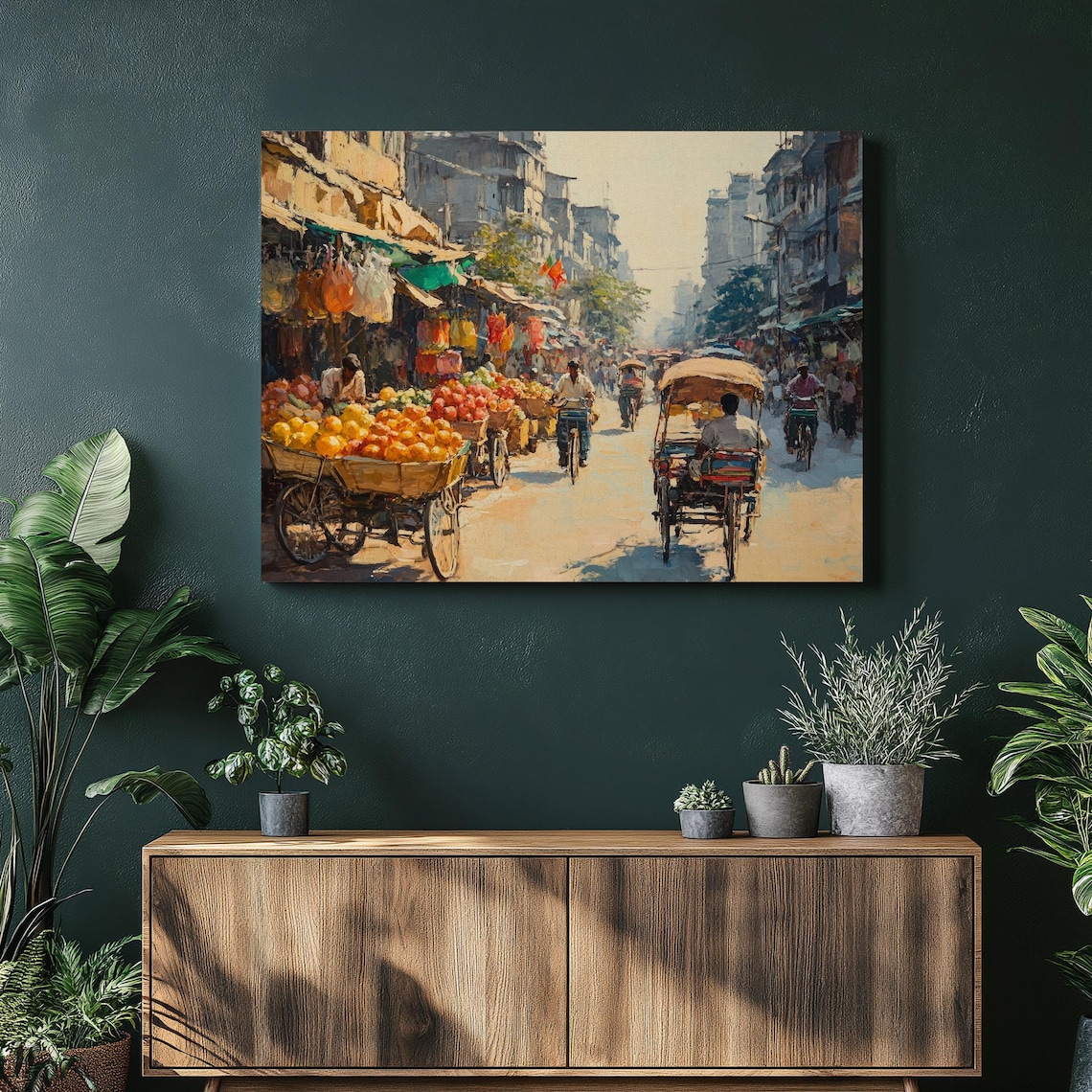 Bustling Street Market Fruit Carts Rickshaws Colorful City Poster