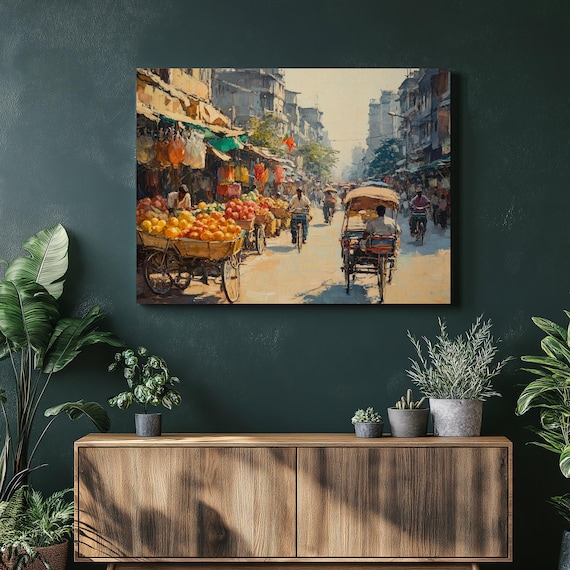 Vibrant Bangladesh Canvas Wall Art Stunning Dhaka Street Scene Tropical Colors Colorful Rickshaws Exotic Market Urban Landscape Decor