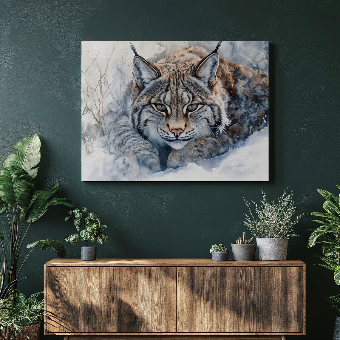 Majestic Lynx in Snow Watercolor Wild Cat Wildlife Portrait Poster