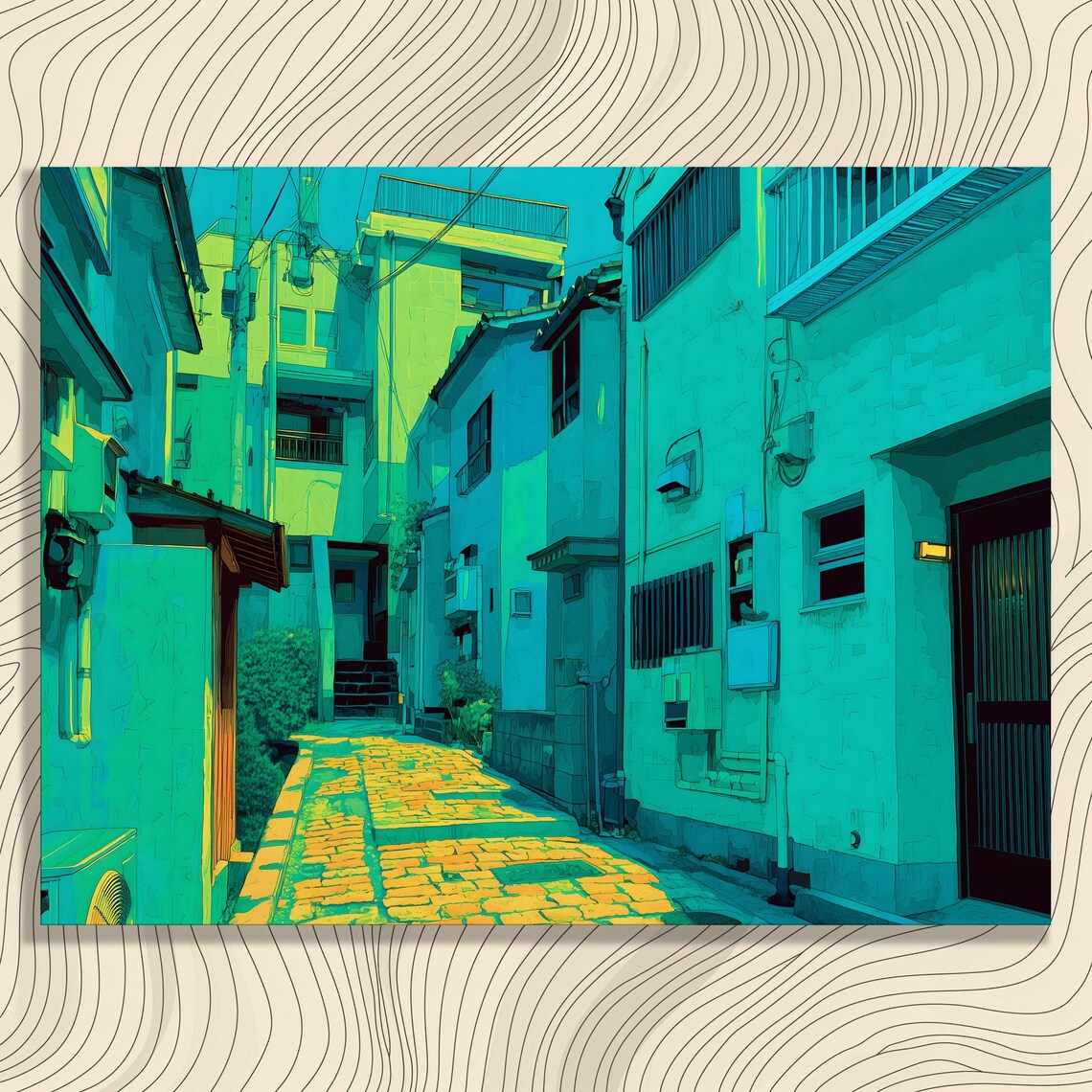 Glowing Neon Teal Alleyway Anime Style City Street Night Poster
