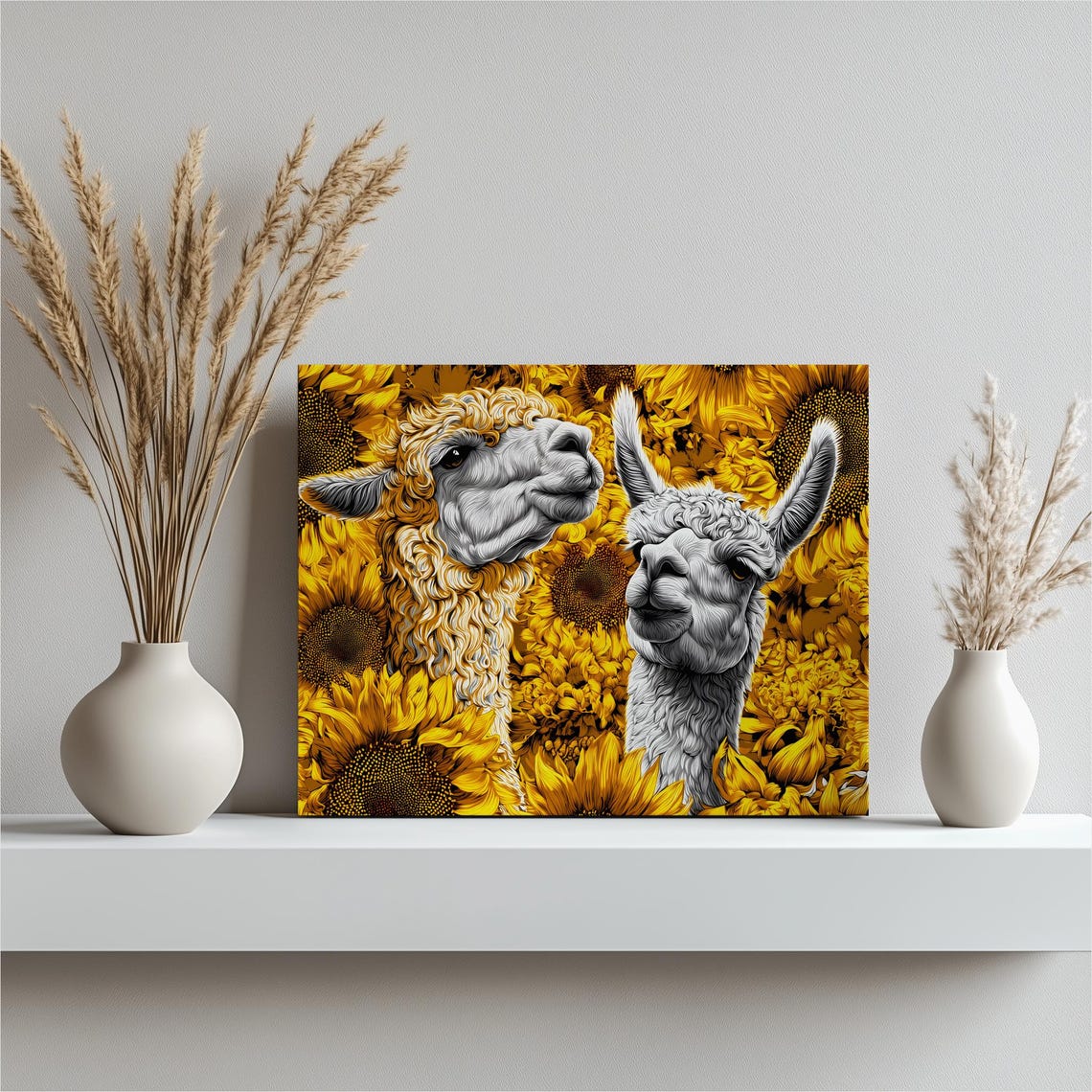 Smiling Llamas Among Sunflowers Golden Floral Animal Wall Art