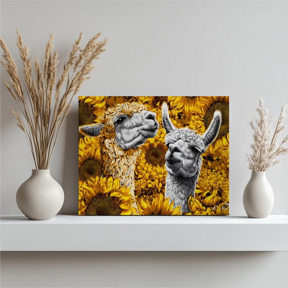 Llama Sunflower Canvas Wall Art Colorful Bohemian Decor Botanical Illustration Yellow Flowers Field Alpaca Floral Motifs