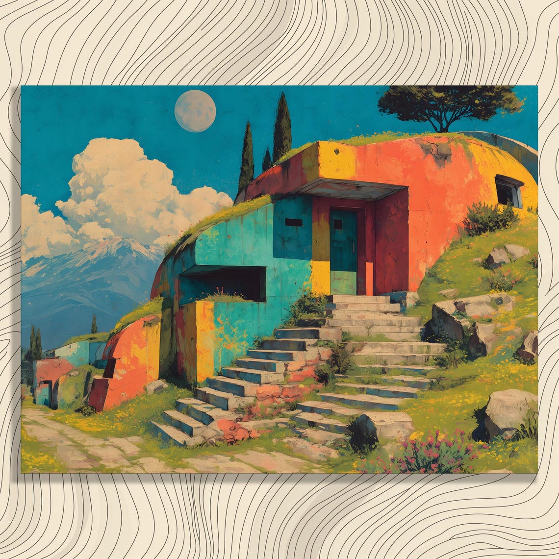 Colorful Hillside House Under Moonlight Mountain Landscape Print