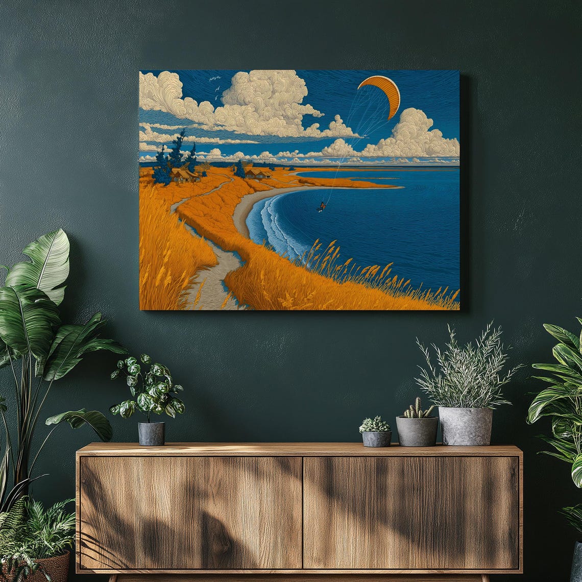 Golden Sand Dunes Ocean Cove With Kite Surfer Coastal Canvas Wall Art
