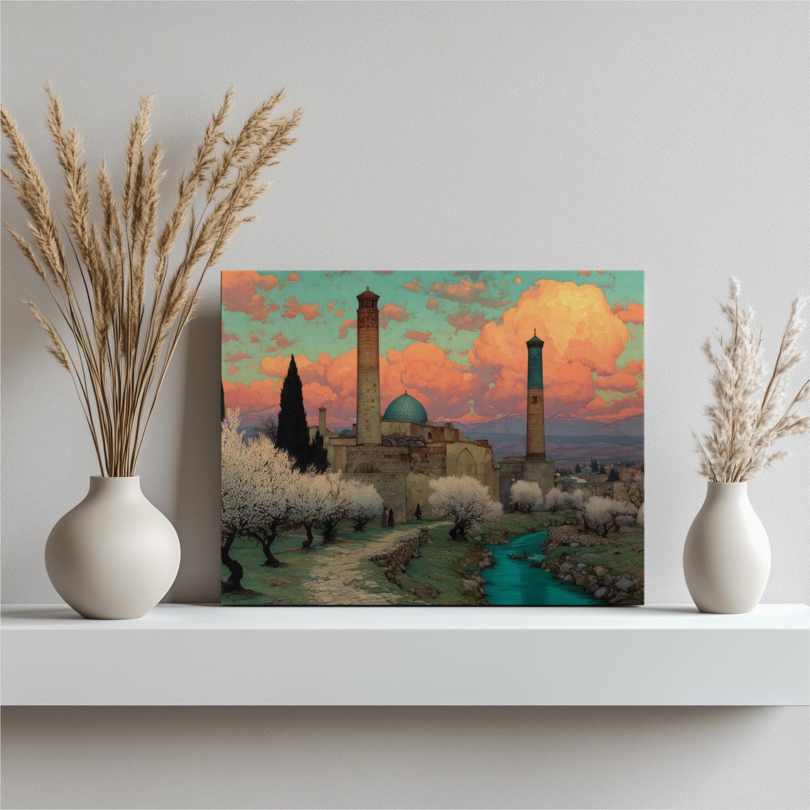 Turquoise Dome Mosque River Blossom Trees Islamic Canvas Wall Art