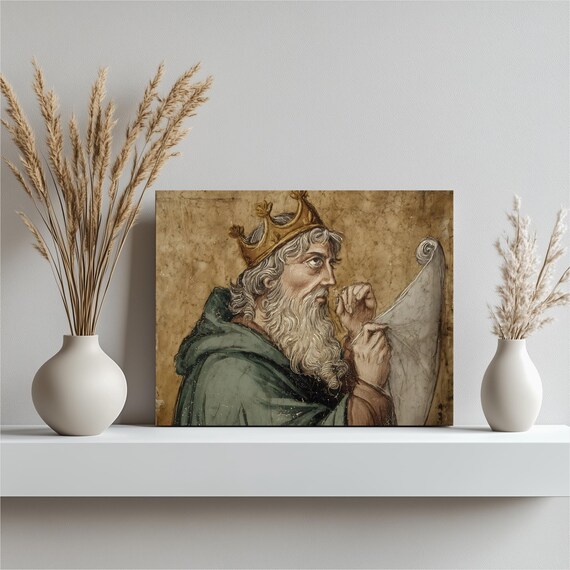 Crowned Bearded King with Scroll Renaissance Fresco Portrait Wall Art