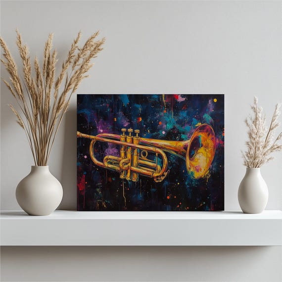 Colorful Trumpet Canvas Wall Art Musical Graffiti Painting Decor Vibrant Street Artwork Music Themed Ornament Prints For Home And Business