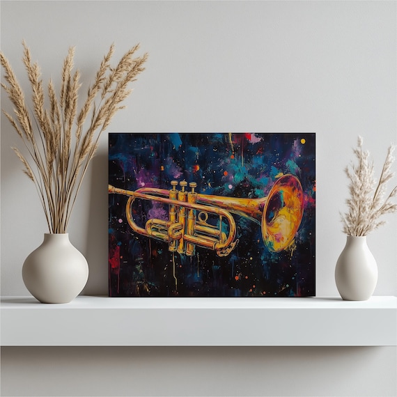 Golden Trumpet Dark Graffiti Splatter Musical Painting Jazz Decor Poster