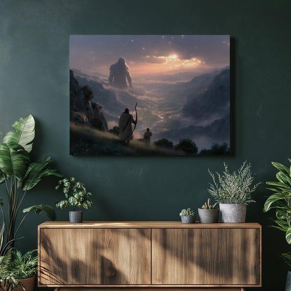 Dark Fantasy Landscape Canvas Wall Art Mythological Giant In Misty Mountain Valley Sunset Cinematic Scenery Epic Vista Gamer Decor