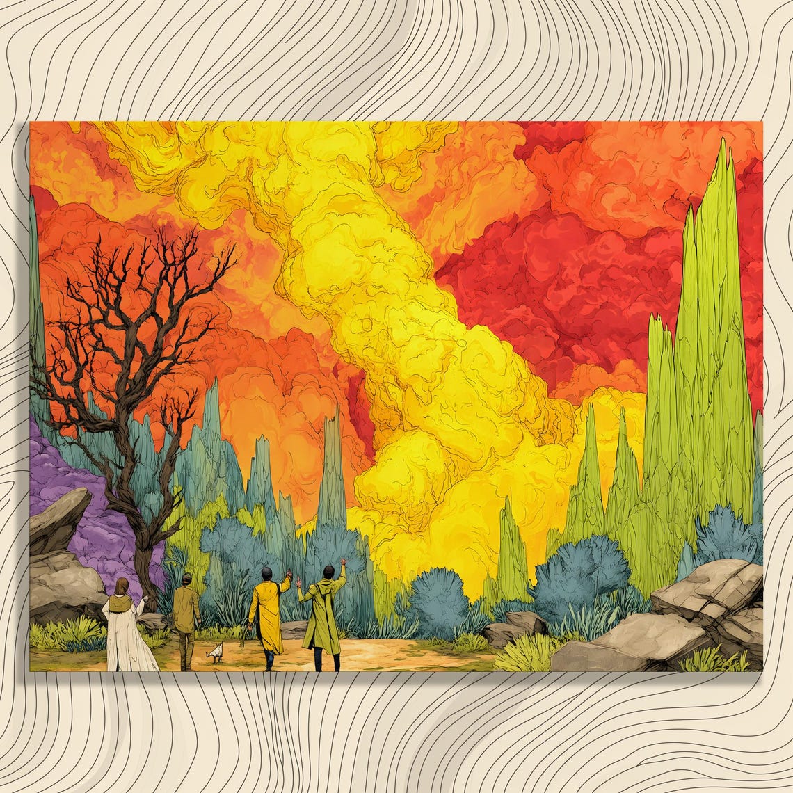 Surreal Fantasy Explorers Vivid Dreamscape Landscape Colorful Poster