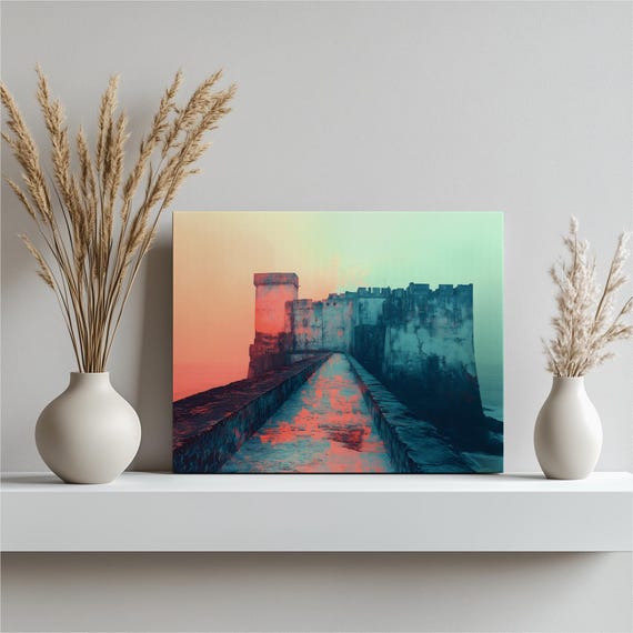 Ghana Coastal Castle Canvas Wall Art Ocean Fortress Walkway With Atlantic Horizon Moody Seascape Architecture Print Travel Decor Gift