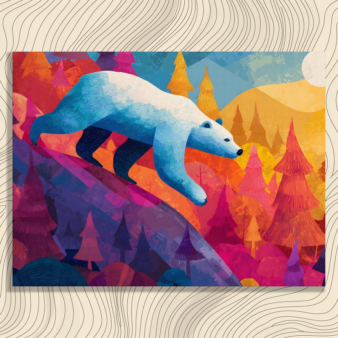 Colorful Polar Bear in Autumn Forest Modern Wildlife Art Poster